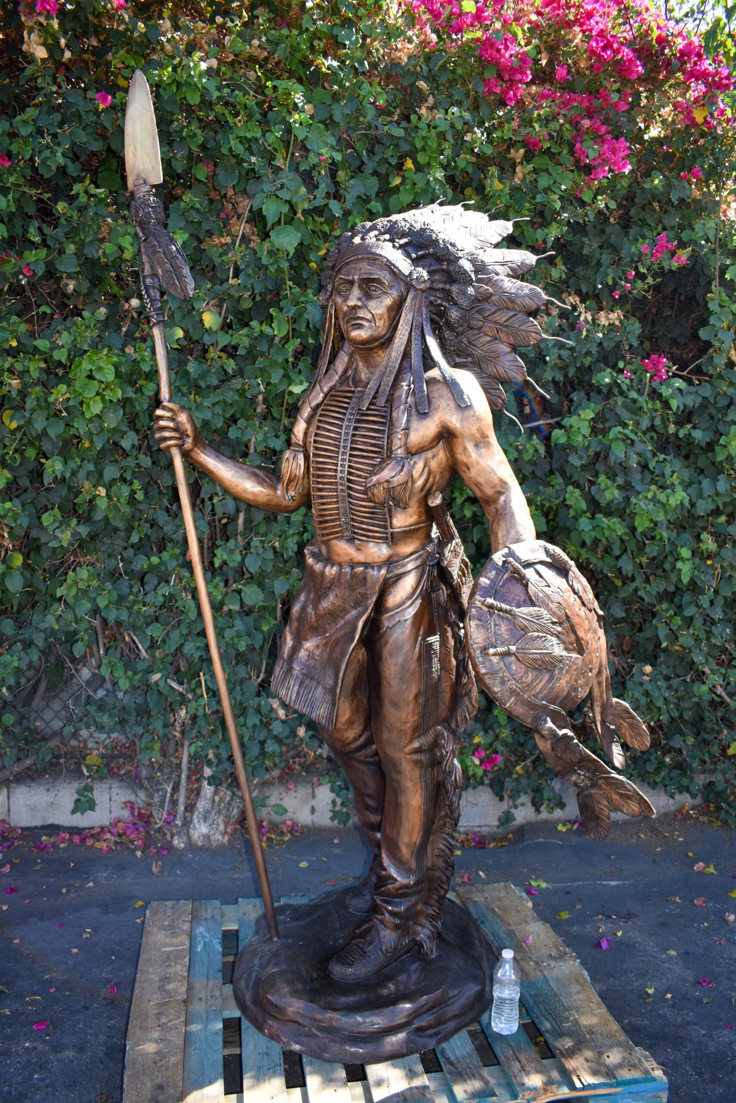 Indian Chief Brown Patina Detailed Bronze Statue Size: 50" x 36" x 95"H