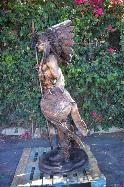 Indian Chief Brown Patina Detailed Bronze Statue Size: 50" x 36" x 95"H