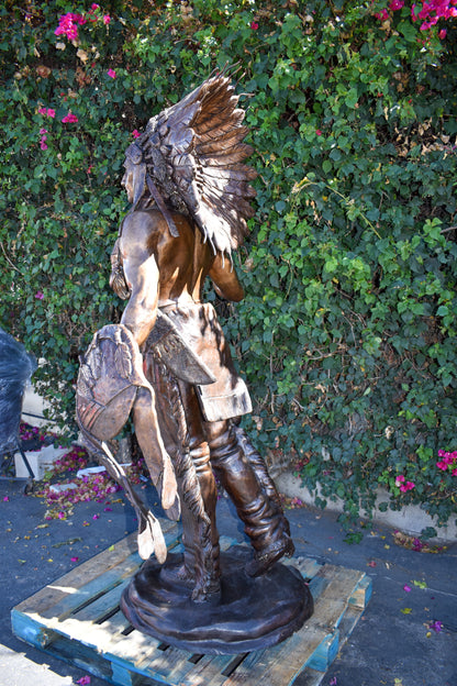 Indian Chief Brown Patina Detailed Bronze Statue Size: 50" x 36" x 95"H