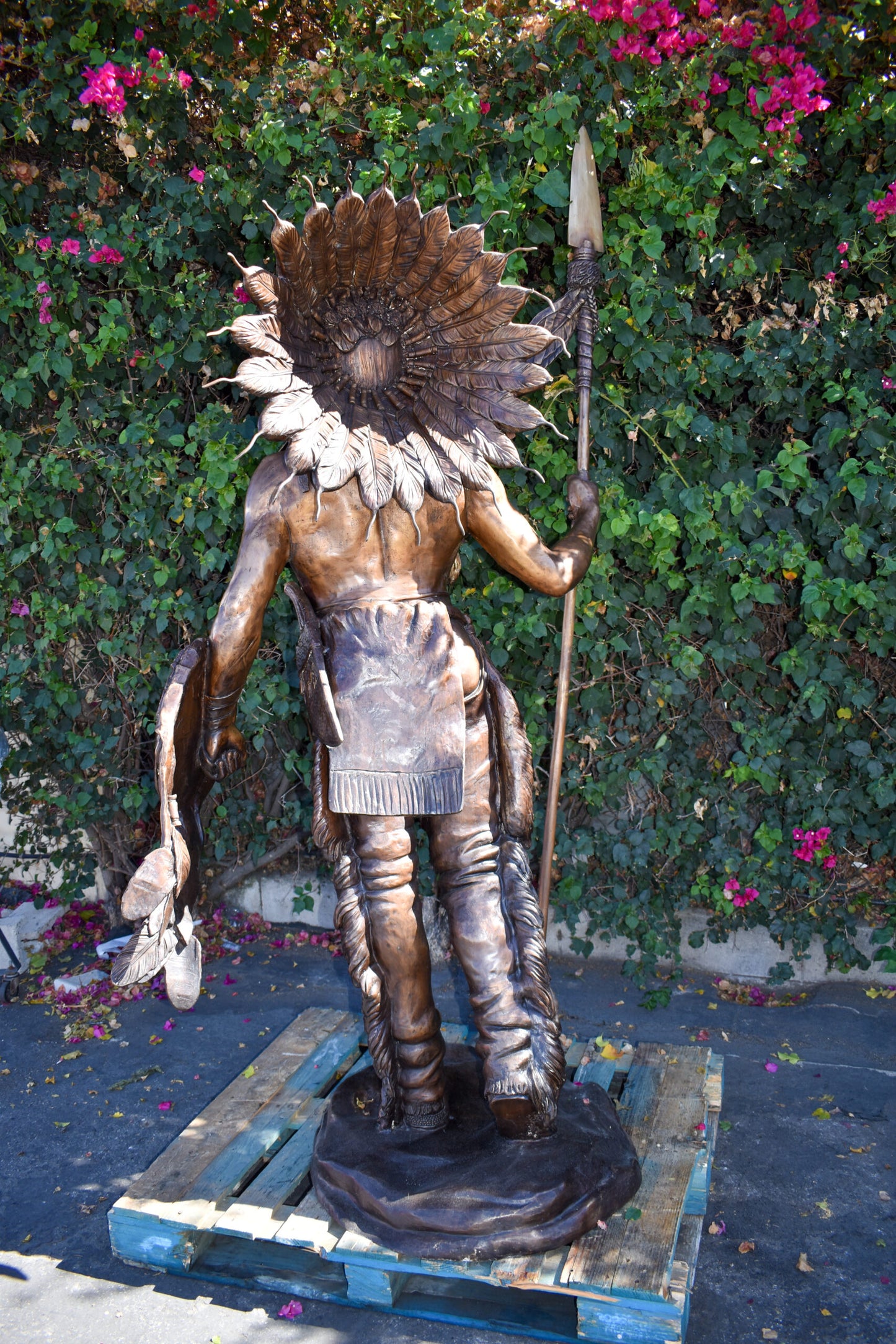 Indian Chief Brown Patina Detailed Bronze Statue Size: 50" x 36" x 95"H