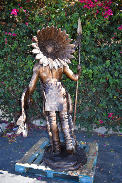 Indian Chief Brown Patina Detailed Bronze Statue Size: 50" x 36" x 95"H