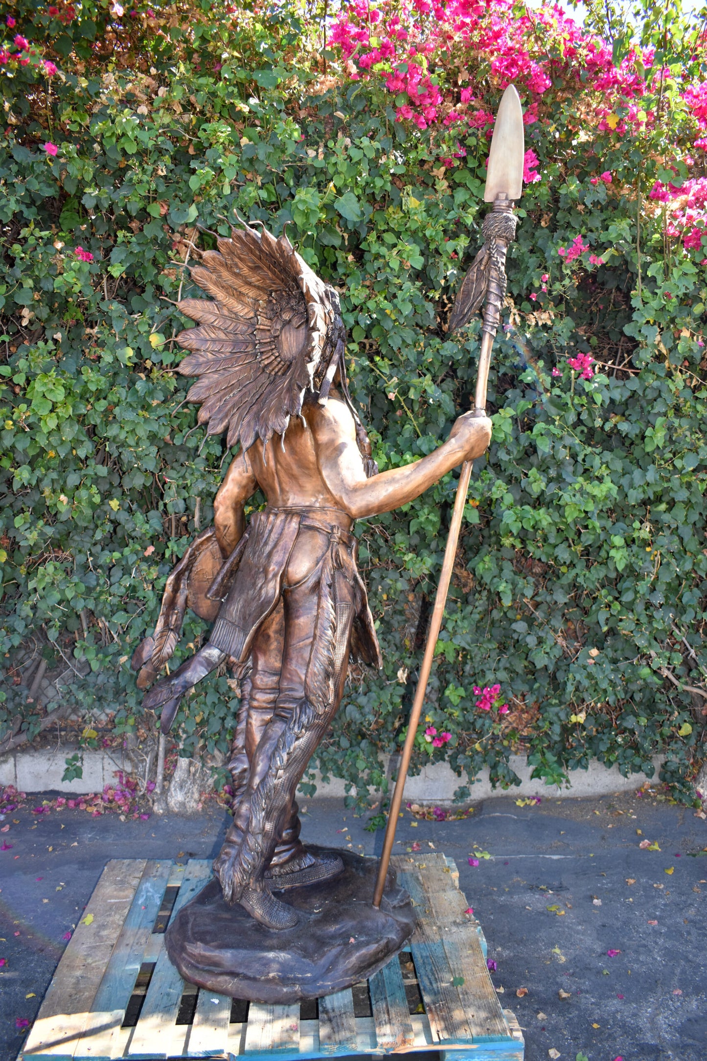 Indian Chief Brown Patina Detailed Bronze Statue Size: 50" x 36" x 95"H