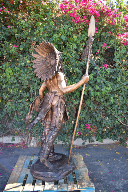Indian Chief Brown Patina Detailed Bronze Statue Size: 50" x 36" x 95"H