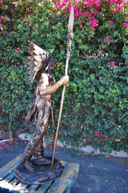 Indian Chief Brown Patina Detailed Bronze Statue Size: 50" x 36" x 95"H
