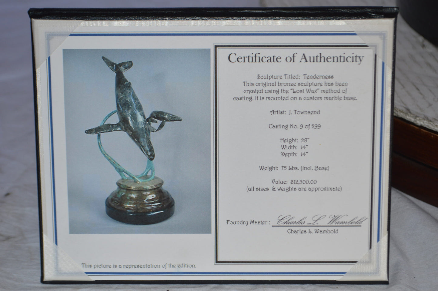 Tenderness Blue Whale Bronze Statue by J. Townsend - Size: 20"L x 14"W x 29"H.