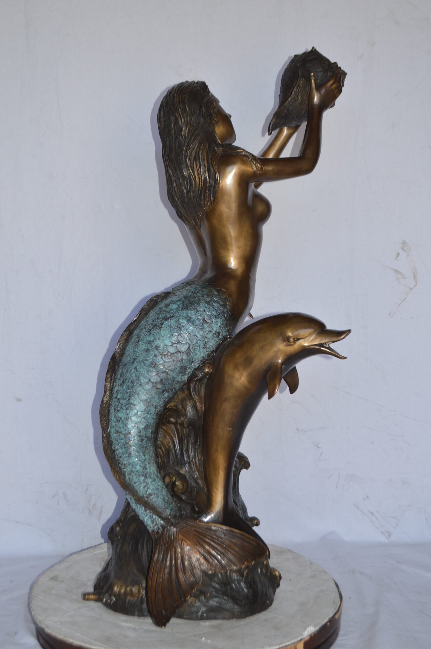 Mermaid with Two Dolphins Bronze Fountain Art Nude - Size: 26"L x 22"W x 43"H.