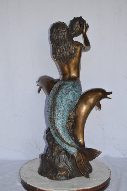 Mermaid with Two Dolphins Bronze Fountain Art Nude - Size: 26"L x 22"W x 43"H.