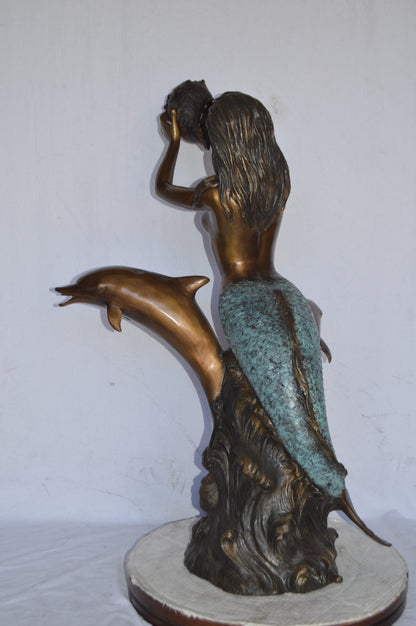 Mermaid with Two Dolphins Bronze Fountain Art Nude - Size: 26"L x 22"W x 43"H.