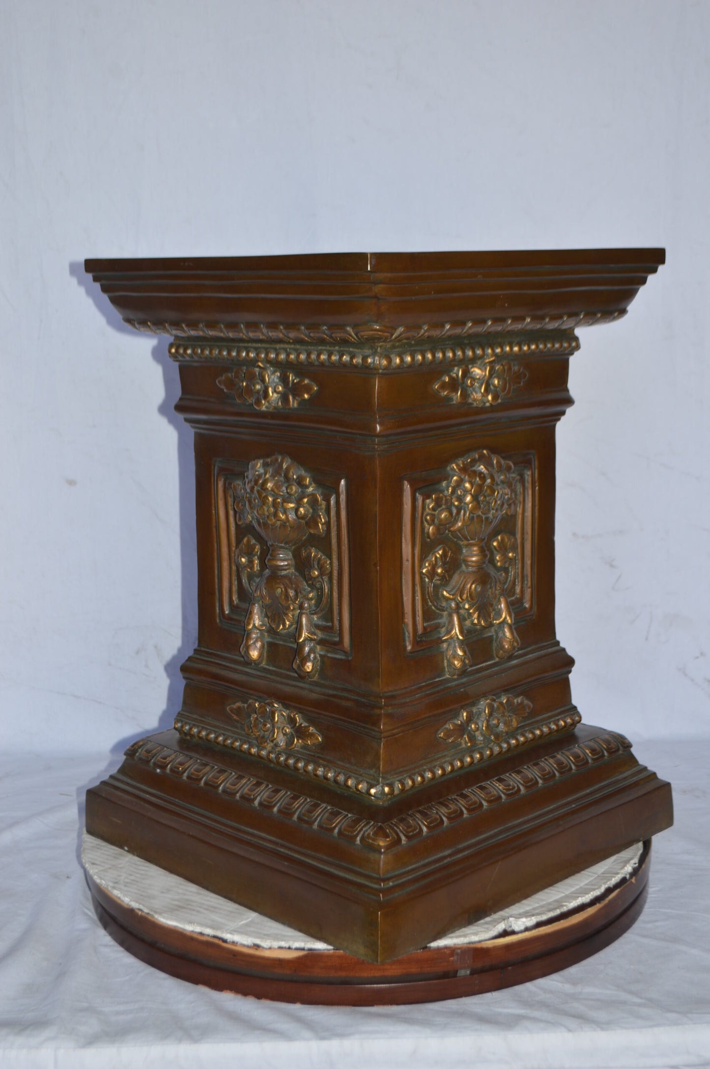 Detailed Large and Heavy Square Bronze Pedestal - Size: 18"L x 18"W x 24"H.