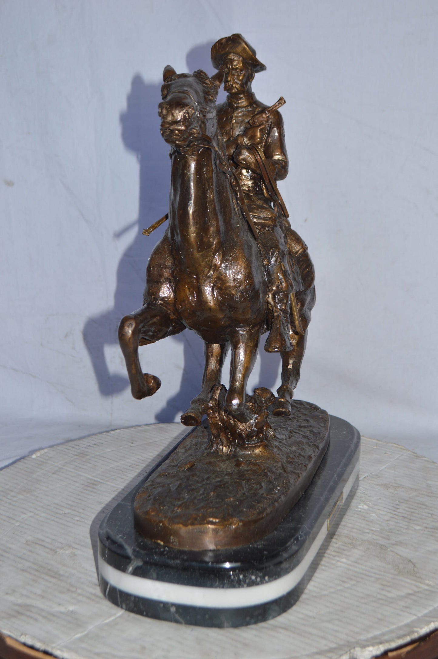 Trooper of the plains Bronze replica by Remington - Size: 20"L x 8"W x 21"H.