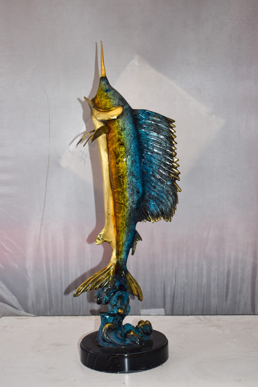 Upright Fierce Marlin Jumping Off the Water Bronze Statue  Size: 12" x 8" x 30"H