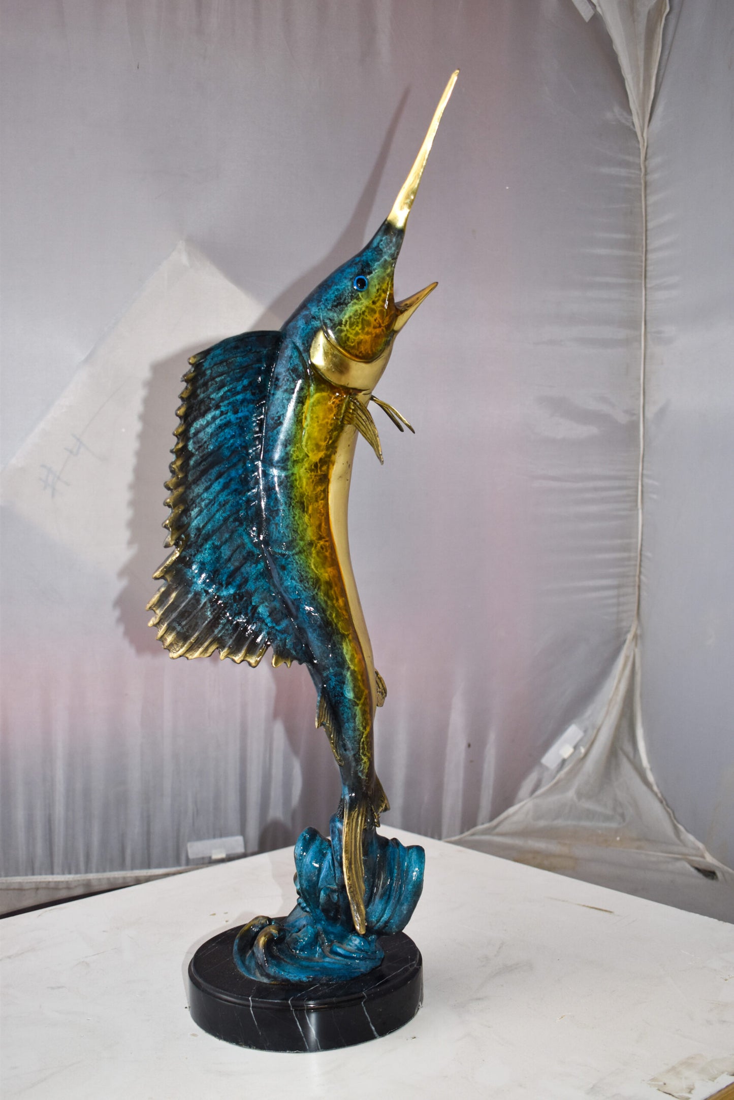 Upright Fierce Marlin Jumping Off the Water Bronze Statue  Size: 12" x 8" x 30"H