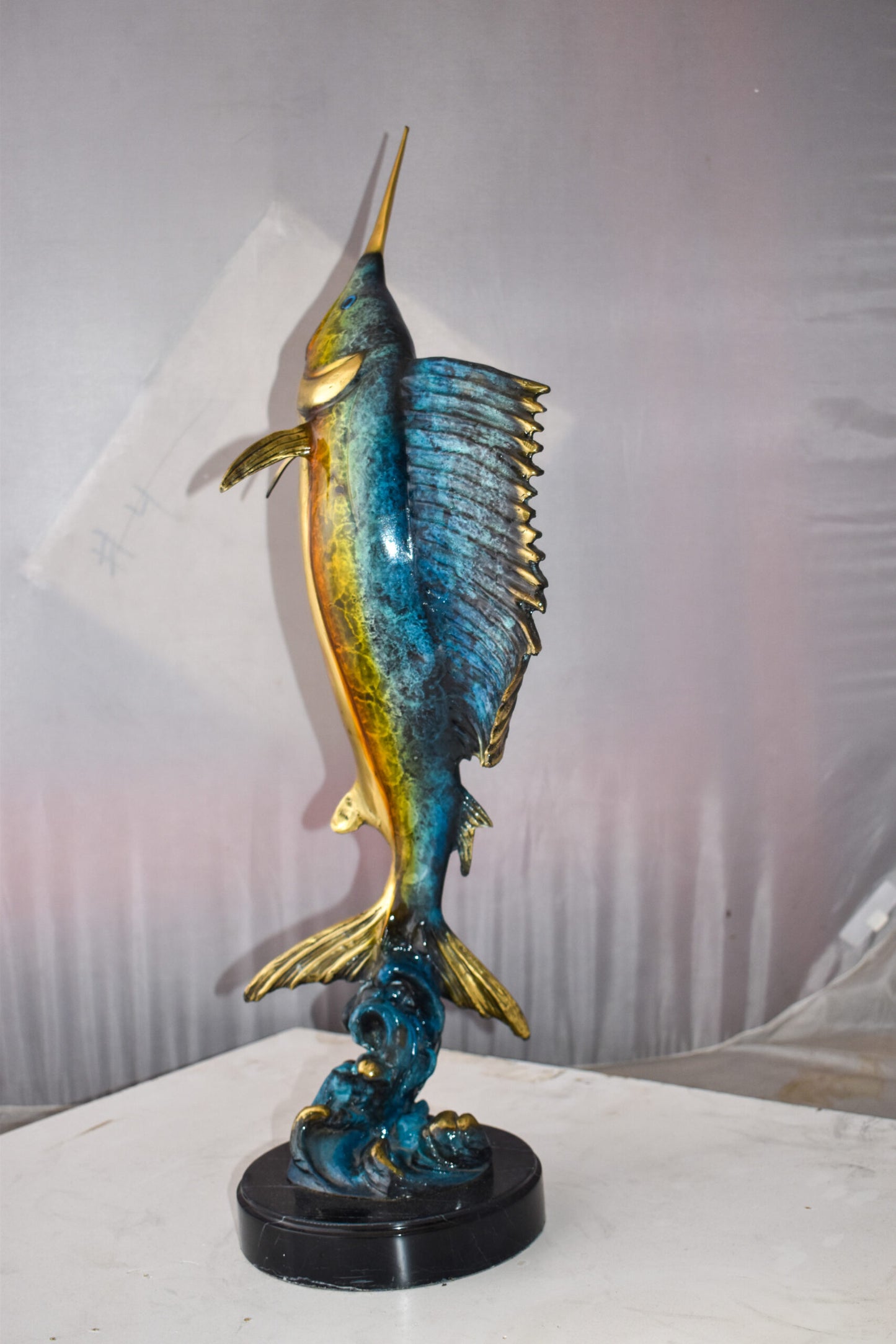 Upright Fierce Marlin Jumping Off the Water Bronze Statue  Size: 12" x 8" x 30"H