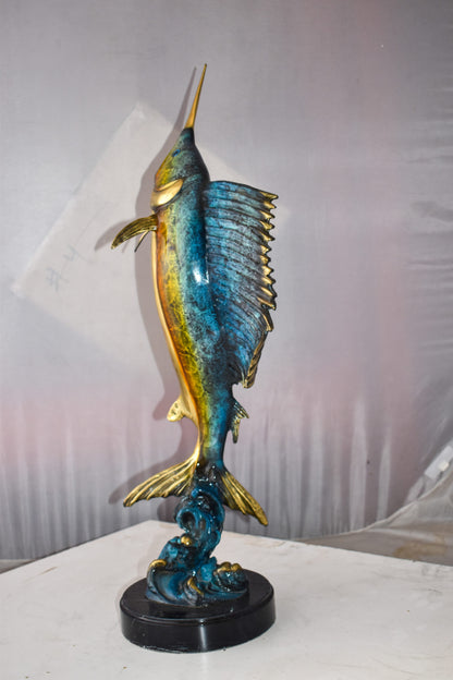 Upright Fierce Marlin Jumping Off the Water Bronze Statue  Size: 12" x 8" x 30"H