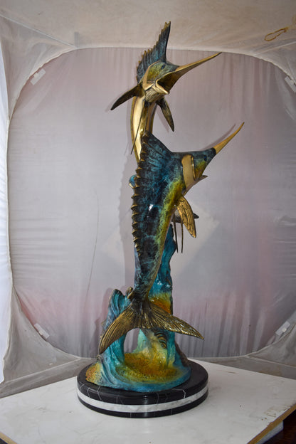 Set Of Intertwined Sailfish and Marlin Colored Bronze Statue  27" x 20" x 47"H