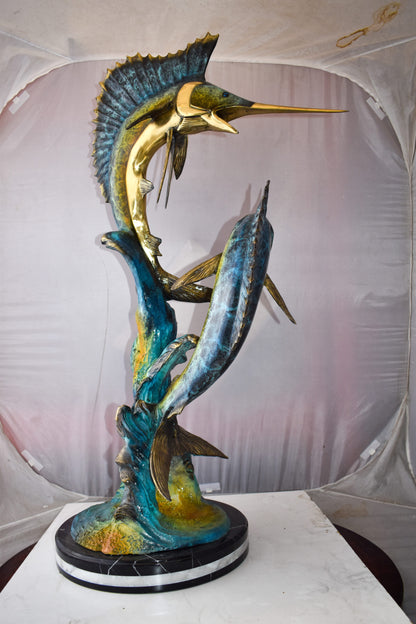 Set Of Intertwined Sailfish and Marlin Colored Bronze Statue  27" x 20" x 47"H