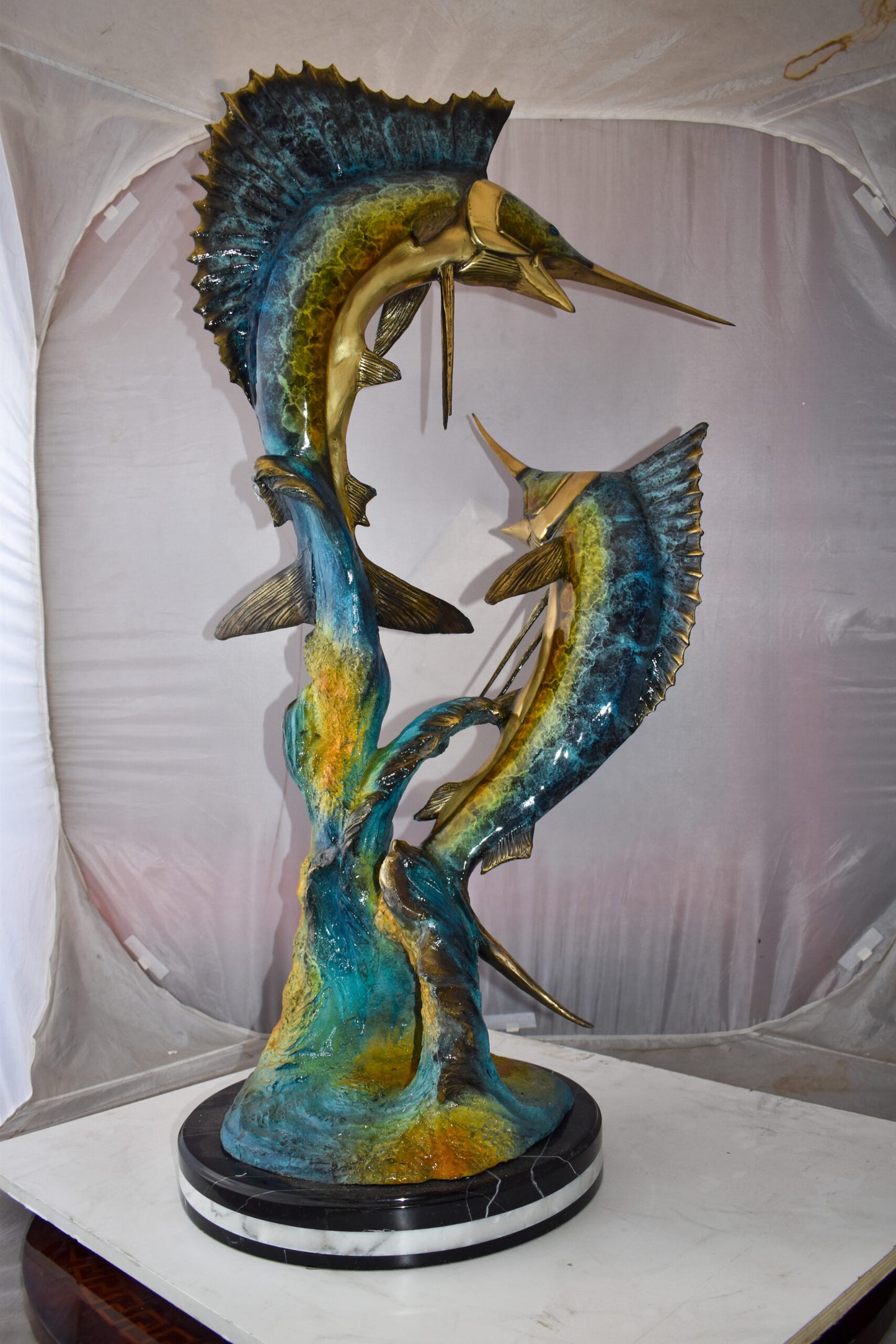 Set Of Intertwined Sailfish and Marlin Colored Bronze Statue  27" x 20" x 47"H