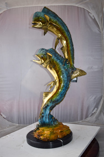 Impressive Pair of Dorado Mahi Mahi Fish Bronze Statue Size: 20" x 18" x 42"H