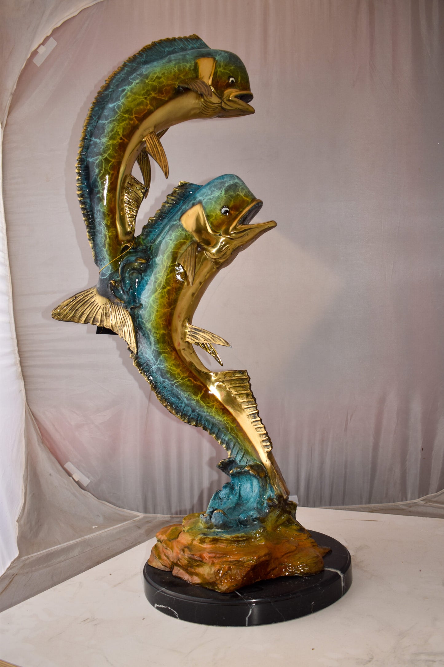 Impressive Pair of Dorado Mahi Mahi Fish Bronze Statue Size: 20" x 18" x 42"H