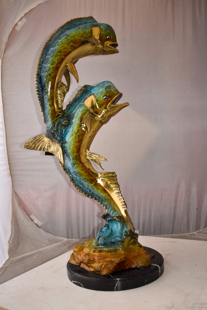 Impressive Pair of Dorado Mahi Mahi Fish Bronze Statue Size: 20" x 18" x 42"H