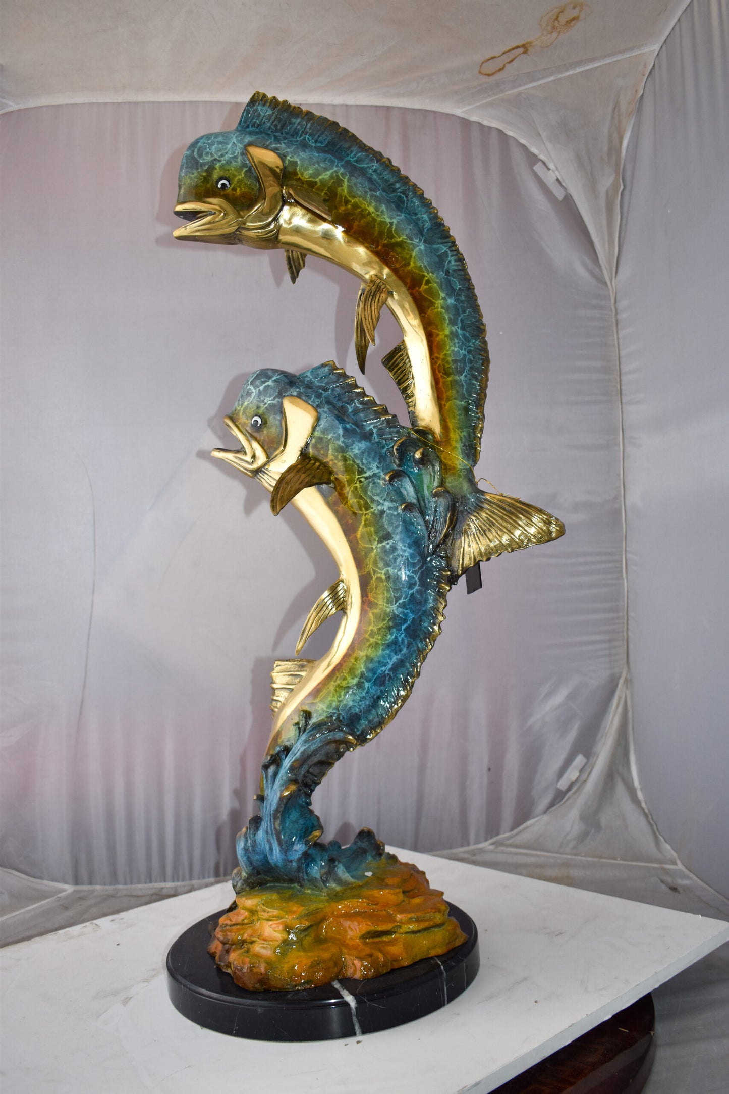 Impressive Pair of Dorado Mahi Mahi Fish Bronze Statue Size: 20" x 18" x 42"H