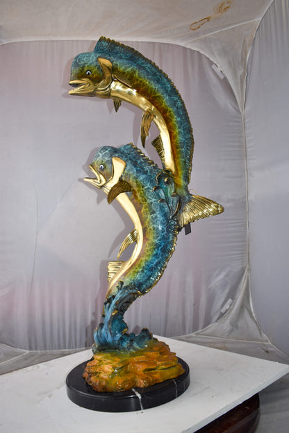 Impressive Pair of Dorado Mahi Mahi Fish Bronze Statue Size: 20" x 18" x 42"H