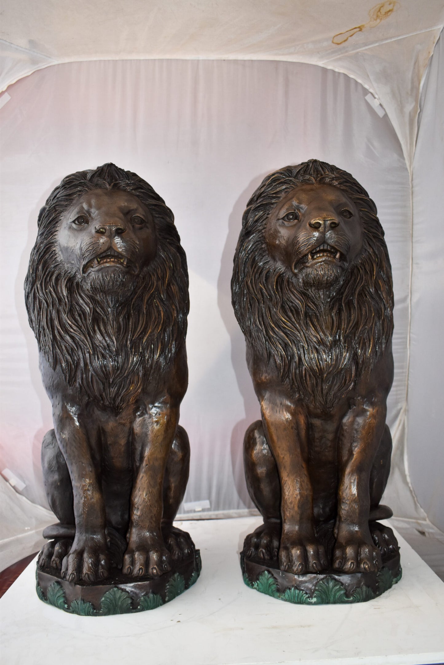 Pair Of Lions Sitting on Base Very Detailed Bronze Statues 13" x 26" x 34"H