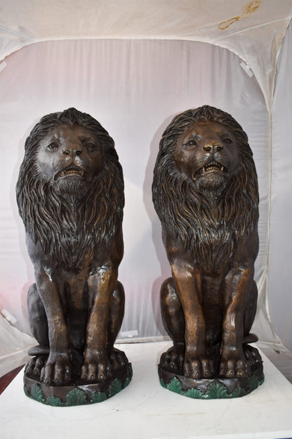 Pair Of Lions Sitting on Base Very Detailed Bronze Statues 13" x 26" x 34"H
