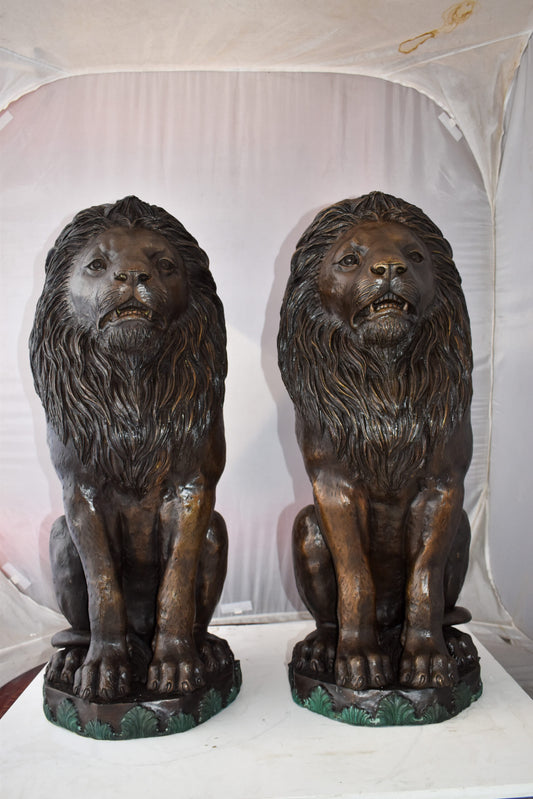 Pair Of Lions Sitting on Base Very Detailed Bronze Statues 13" x 26" x 34"H