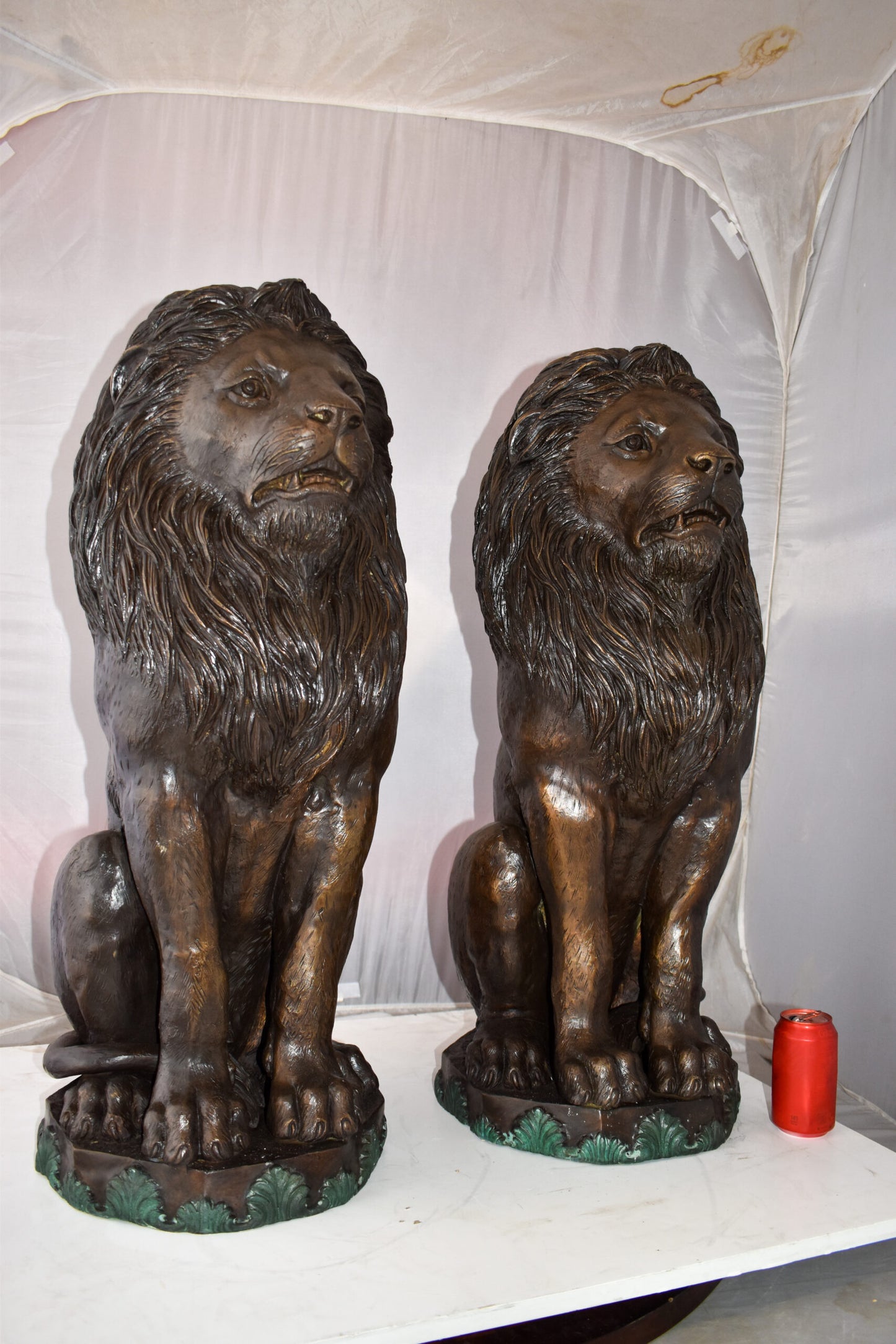 Pair Of Lions Sitting on Base Very Detailed Bronze Statues 13" x 26" x 34"H