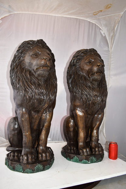 Pair Of Lions Sitting on Base Very Detailed Bronze Statues 13" x 26" x 34"H