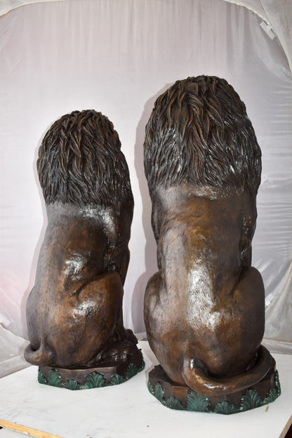 Pair Of Lions Sitting on Base Very Detailed Bronze Statues 13" x 26" x 34"H