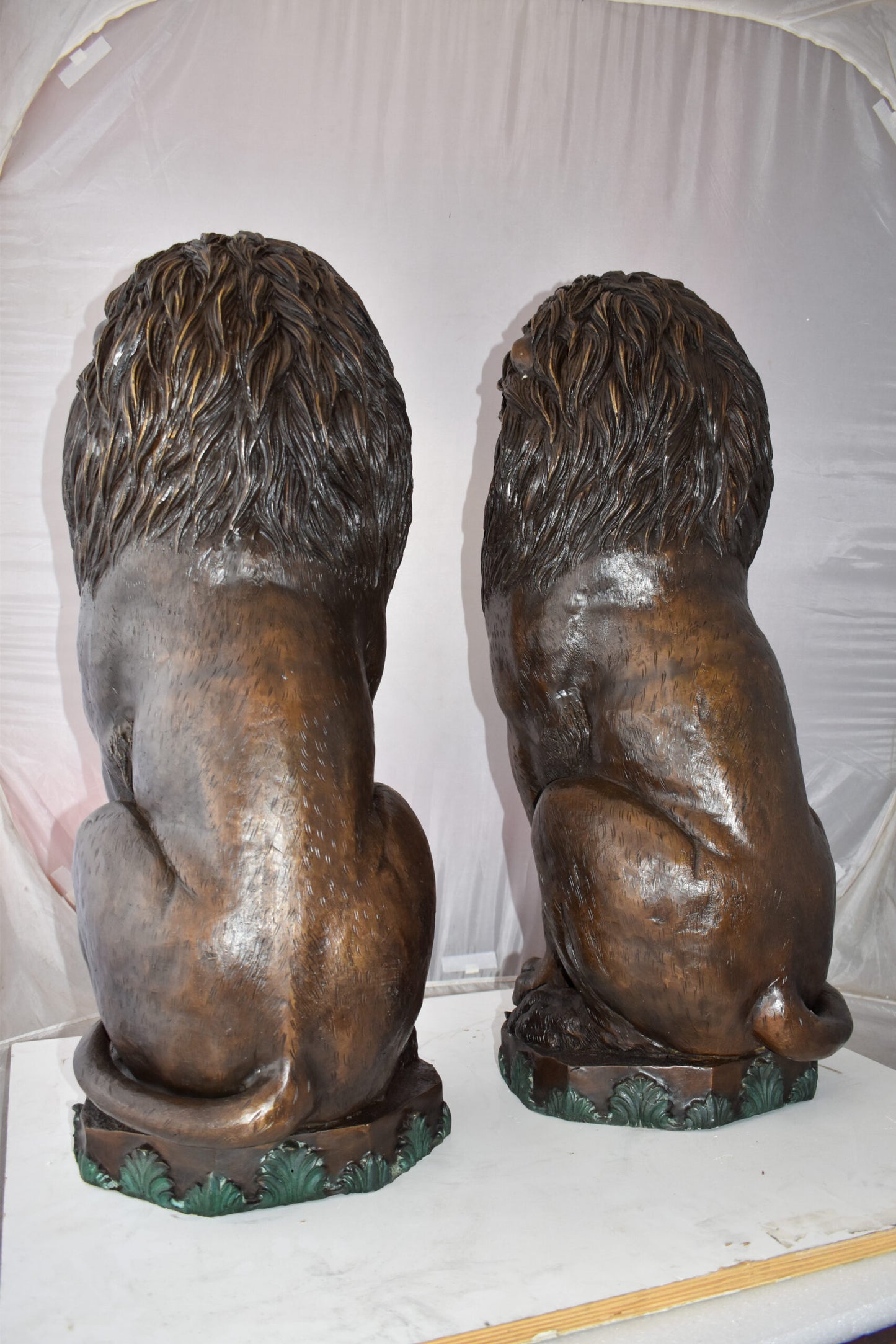 Pair Of Lions Sitting on Base Very Detailed Bronze Statues 13" x 26" x 34"H