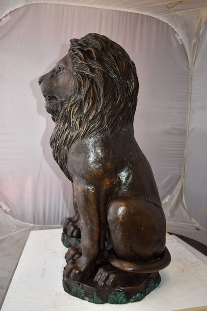 Pair Of Lions Sitting on Base Very Detailed Bronze Statues 13" x 26" x 34"H
