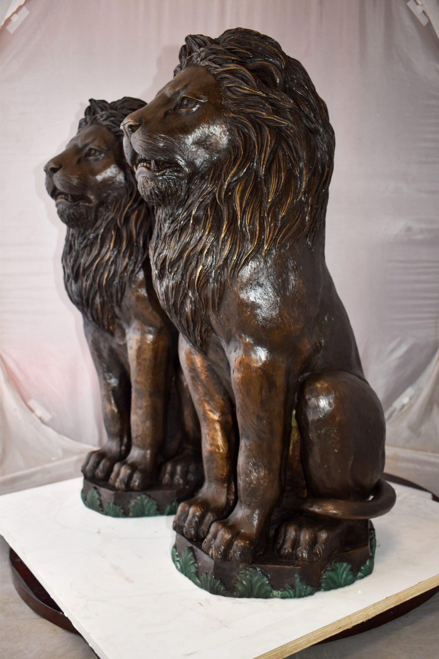 Pair Of Lions Sitting on Base Very Detailed Bronze Statues 13" x 26" x 34"H