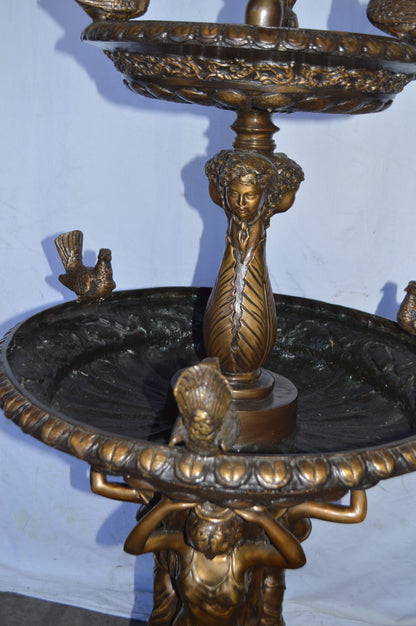 Large bronze water fountain with girls and birds - Size: 28"L x 28"W x 65"H.