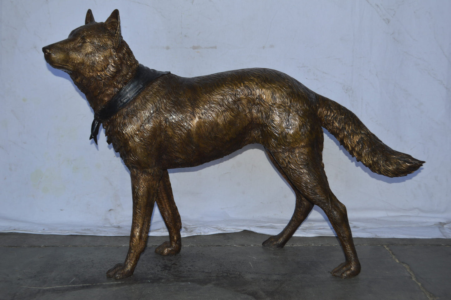 Wolf Standing Life Size Bronze Statue - Size: 45"L x 15"W x 33"H.