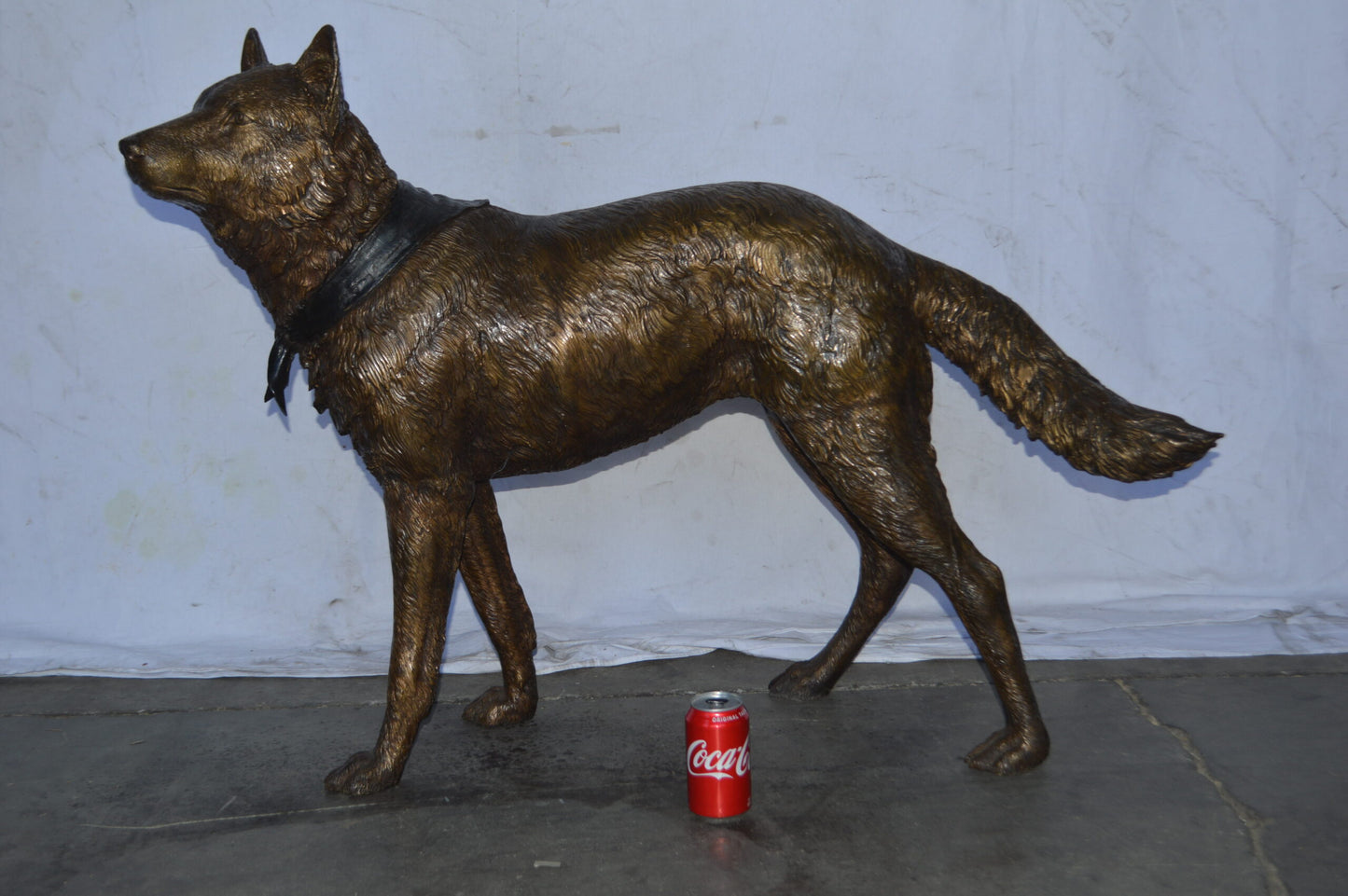Wolf Standing Life Size Bronze Statue - Size: 45"L x 15"W x 33"H.