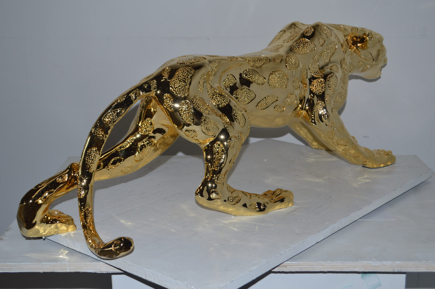 Modern Art Large Gold Jaguar Statue Made of Resin - Size: 42"L x 8"W x 14"H.