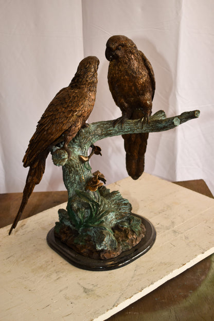 Two Parrots on a tree Bronze Statue Brown and Green Patina 13" x 20" x 23"H