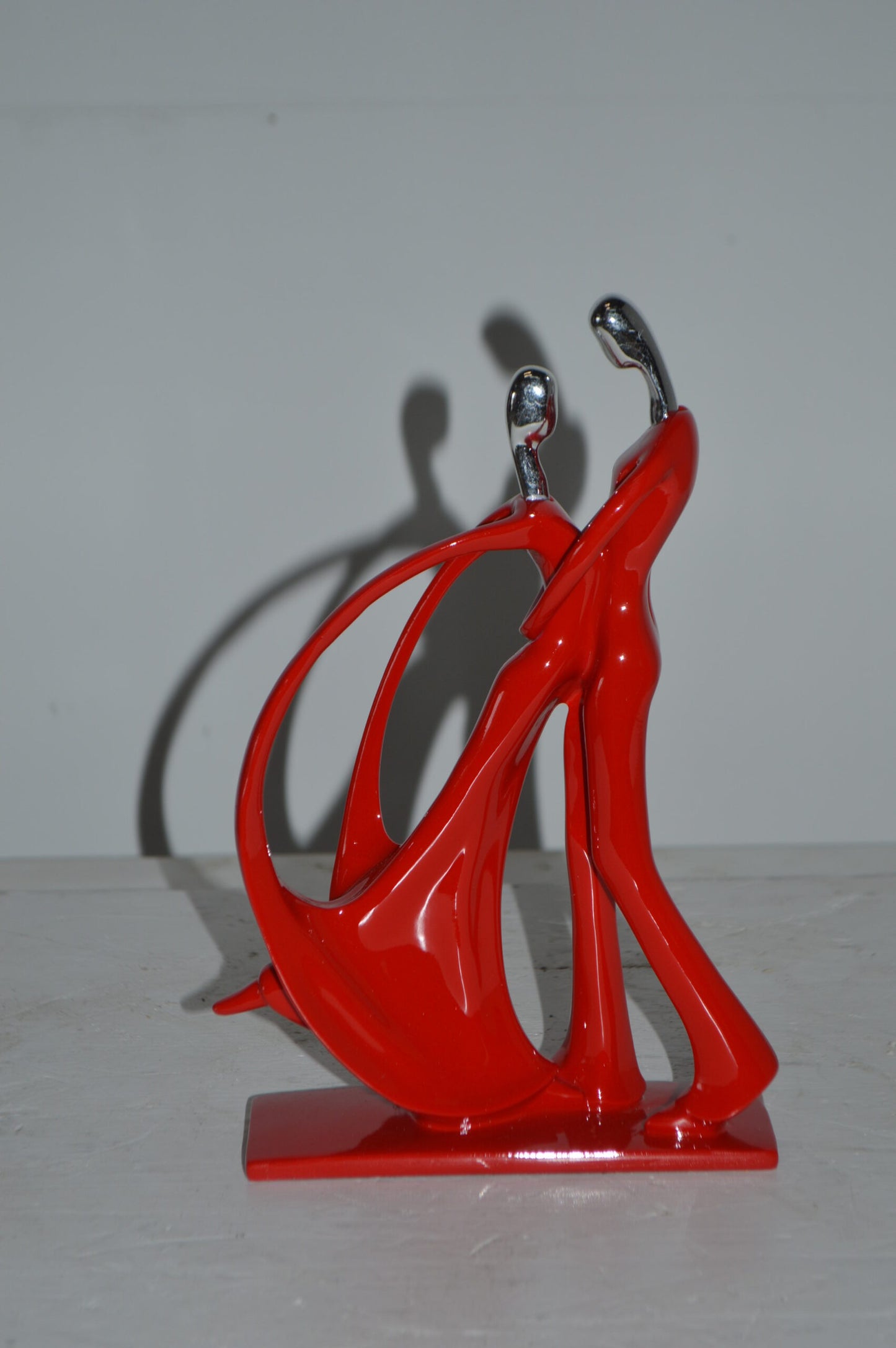 Modern Art Dancers Red with Chrome Head Resin Statue - Size: 7"L x 3"W x 11"H.