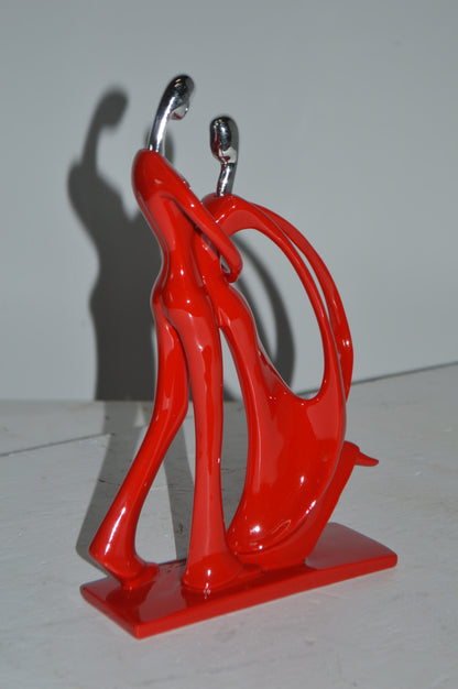 Modern Art Dancers Red with Chrome Head Resin Statue - Size: 7"L x 3"W x 11"H.