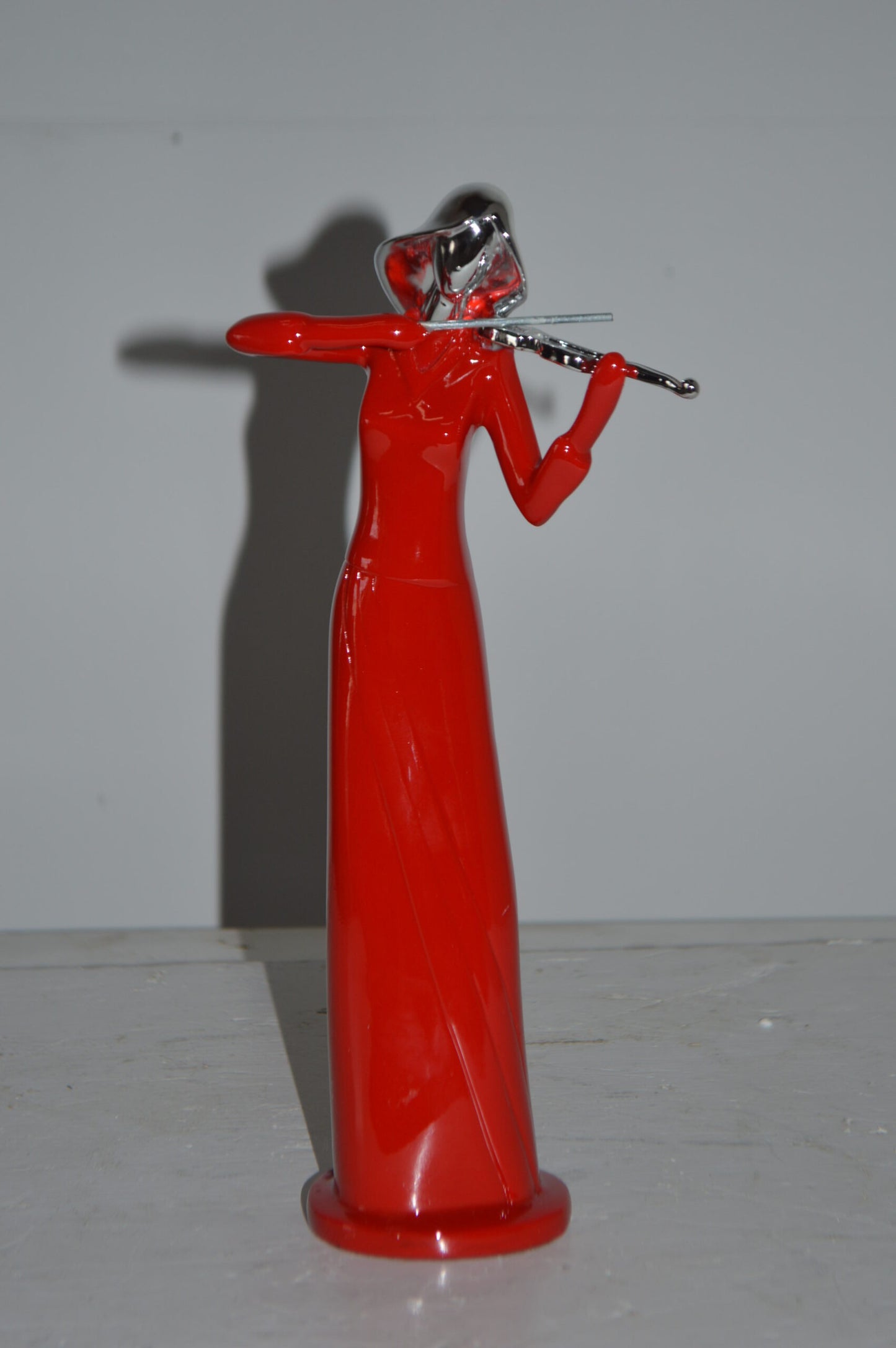Women Playing the Violin Red and Chrome Resin Statue - Size: 5"L x 4"W x 12"H.