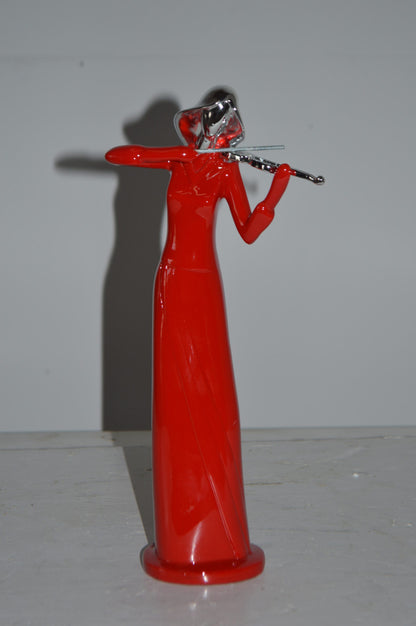 Women Playing the Violin Red and Chrome Resin Statue - Size: 5"L x 4"W x 12"H.