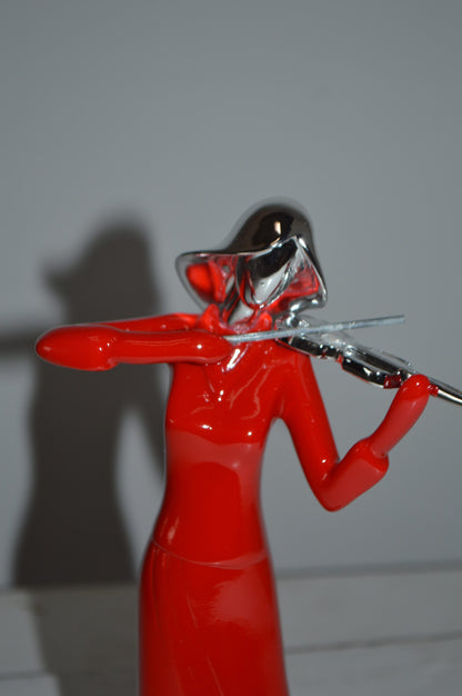 Women Playing the Violin Red and Chrome Resin Statue - Size: 5"L x 4"W x 12"H.
