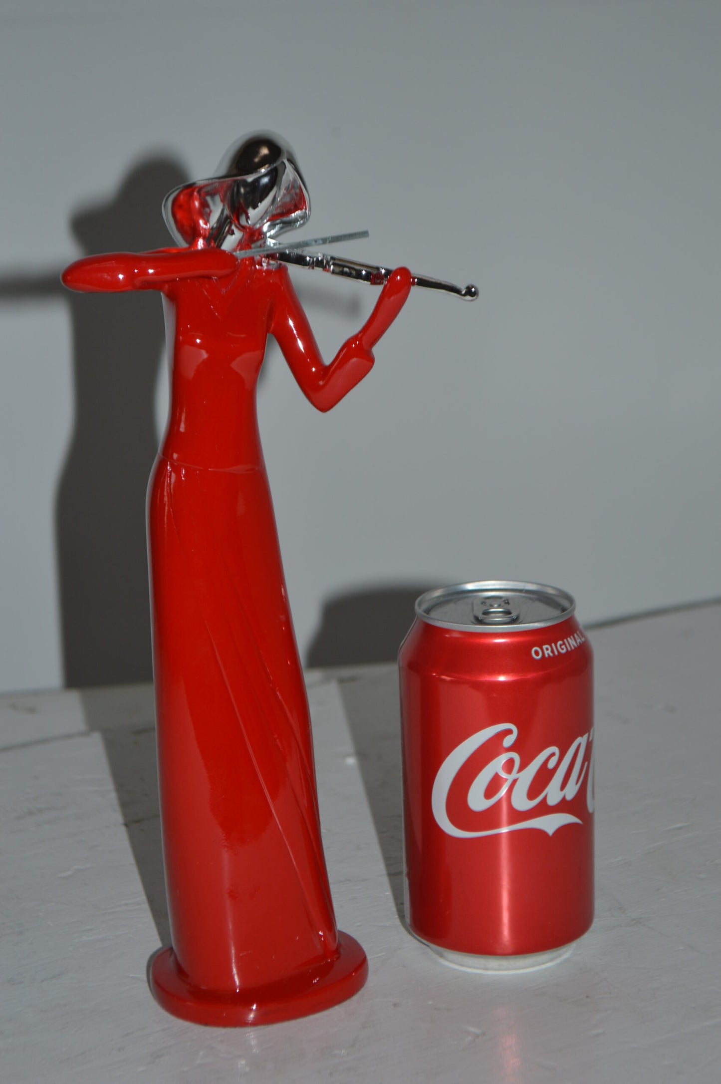 Women Playing the Violin Red and Chrome Resin Statue - Size: 5"L x 4"W x 12"H.