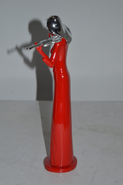 Women Playing the Violin Red and Chrome Resin Statue - Size: 5"L x 4"W x 12"H.
