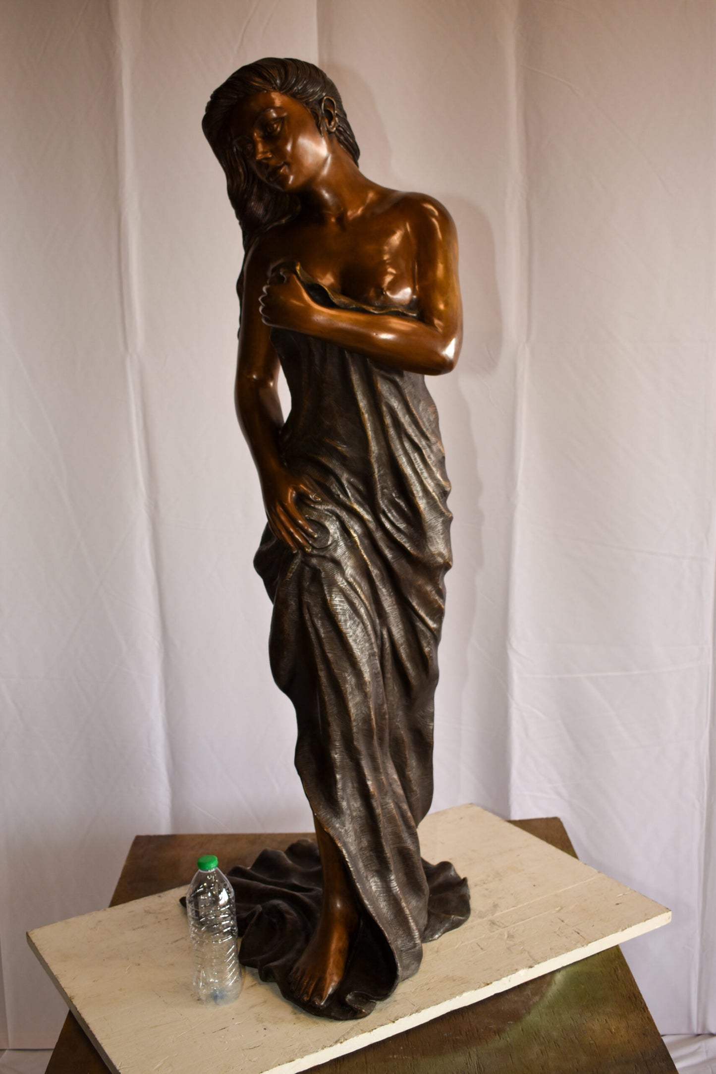Beautiful Women Nude Art Holding Drape Bronze Statue 22" x 18" x 49"H