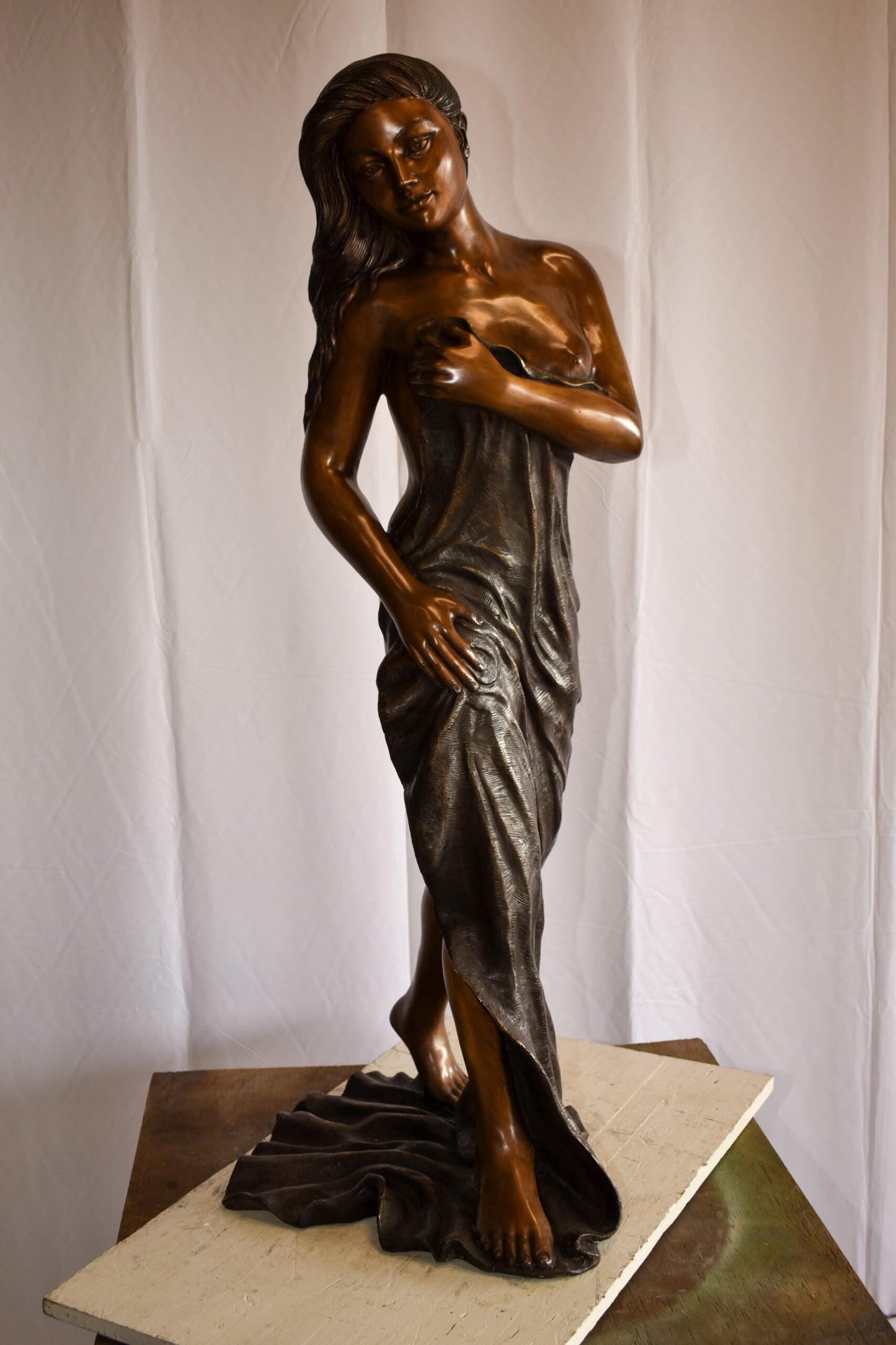 Beautiful Women Nude Art Holding Drape Bronze Statue 22" x 18" x 49"H