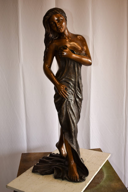 Beautiful Women Nude Art Holding Drape Bronze Statue 22" x 18" x 49"H